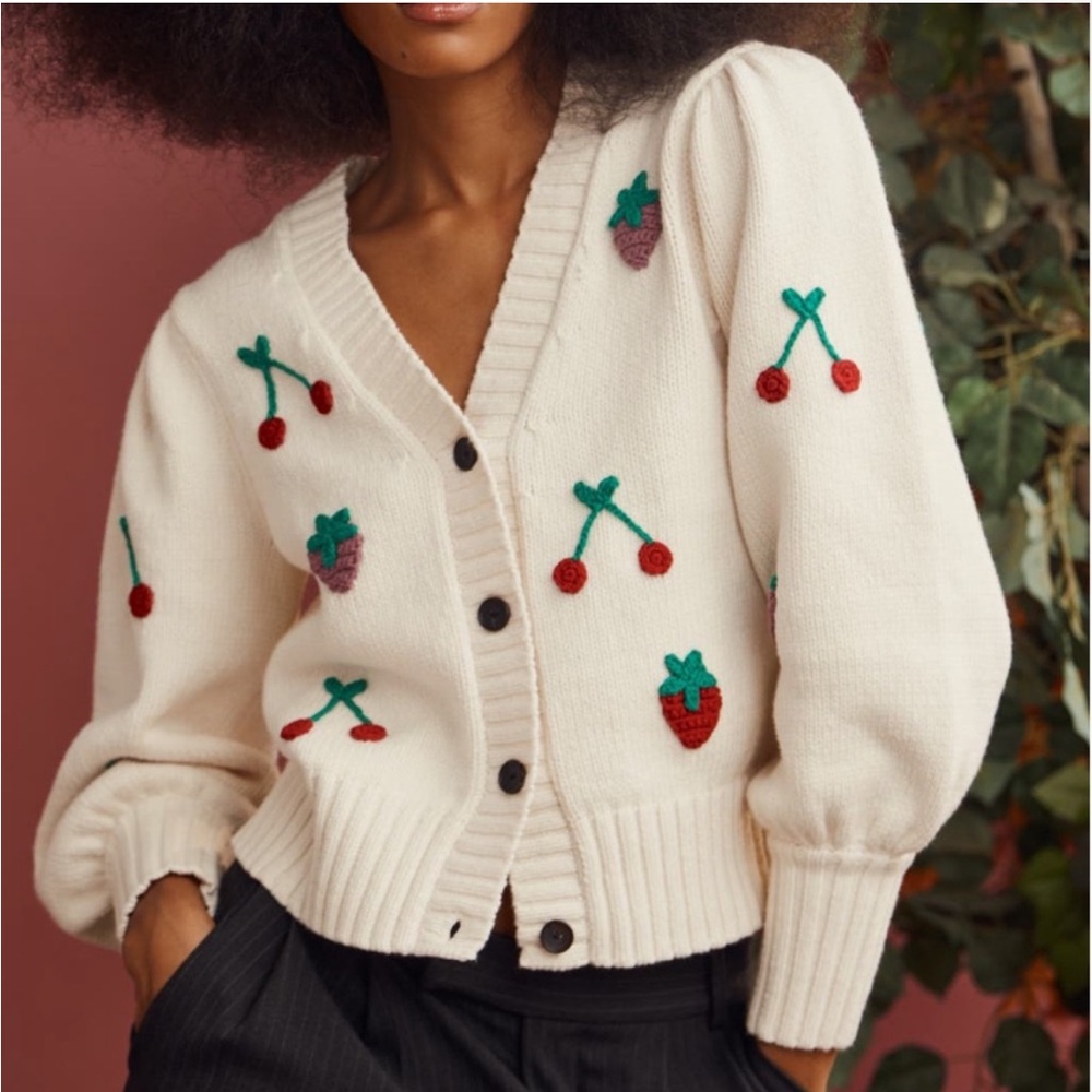 Rails Esther Cotton Fruit Berry Ivory Button Down Cardigan Sweater Size Medium